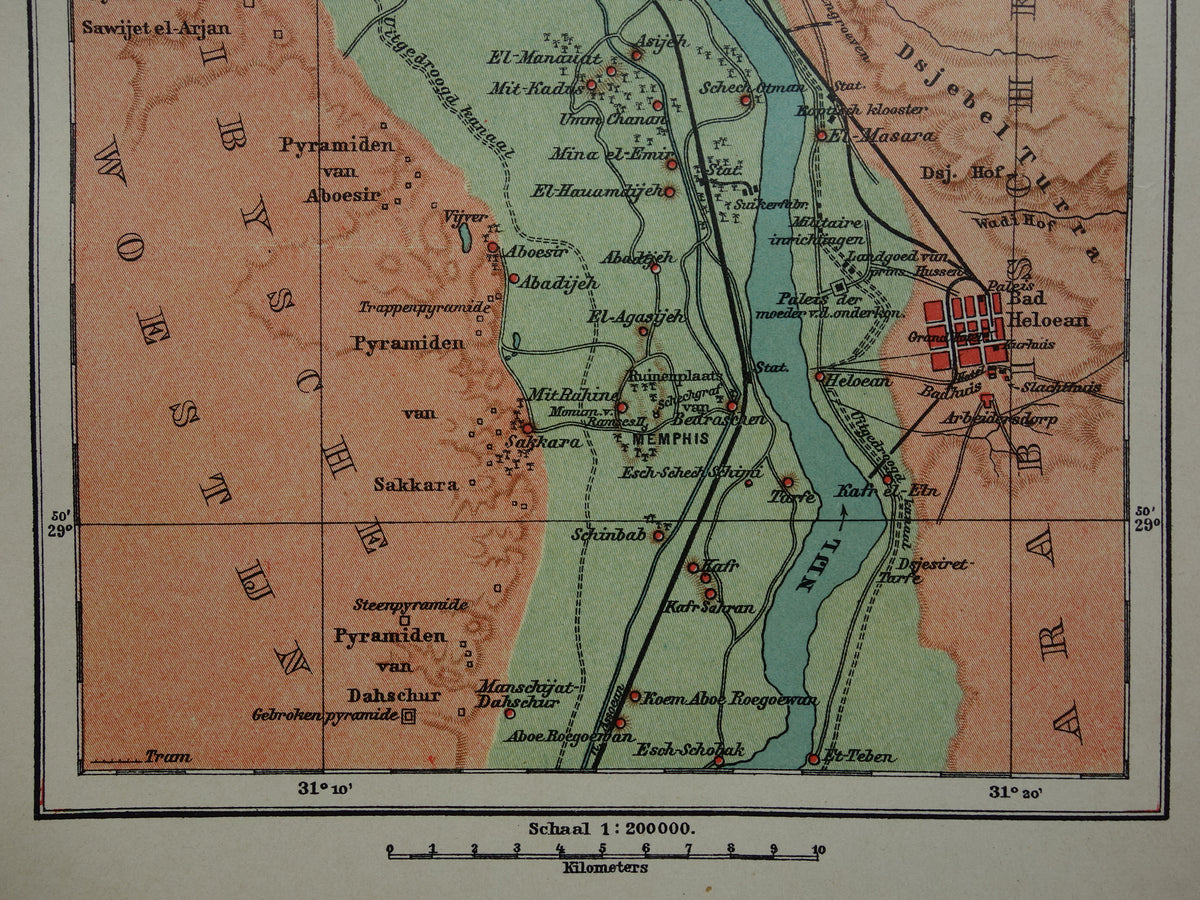 Oude kaart van Caïro Egypte uit 1909 antieke Nederlandse plattegrond van Cairo en de pyramiden