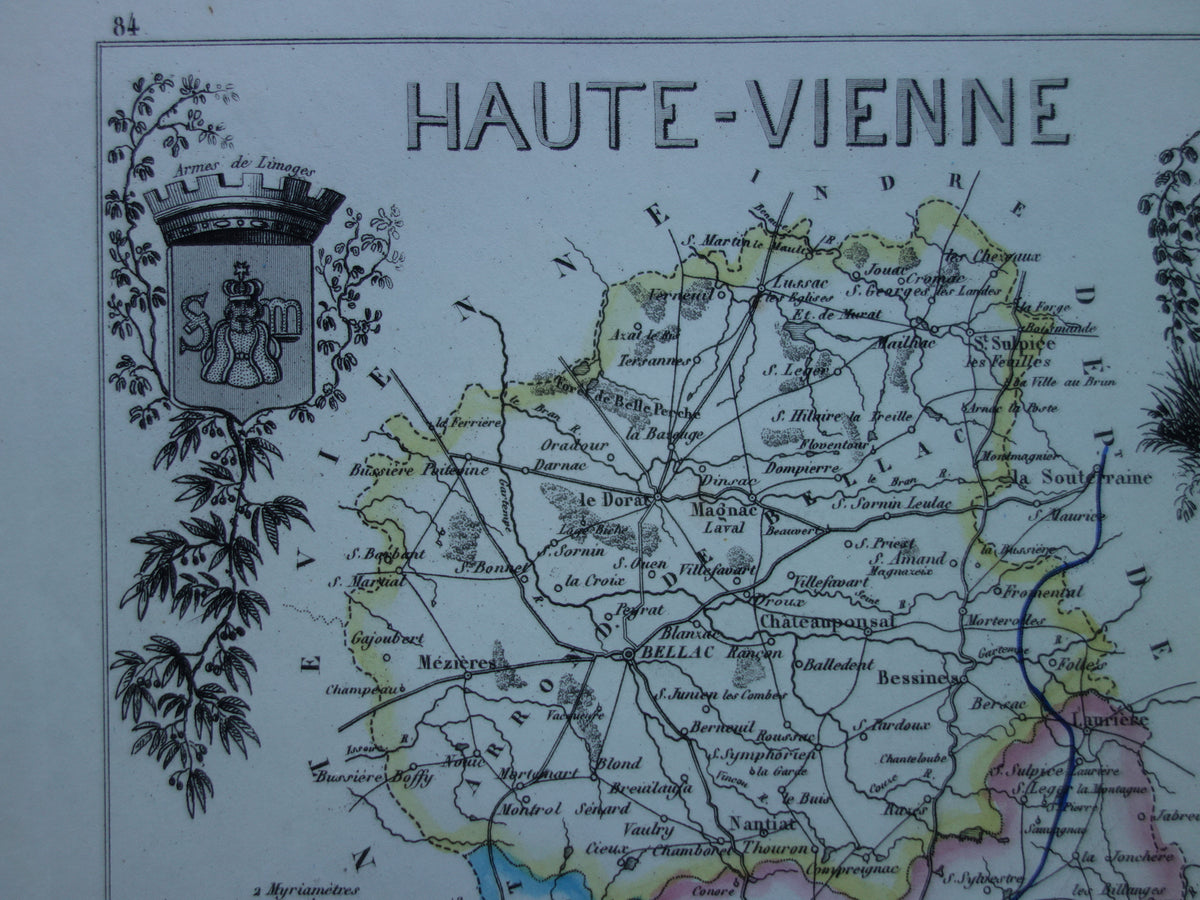 Old map of HAUTE-VIENNE department in France from 1856 original antique hand-colored map Limoges