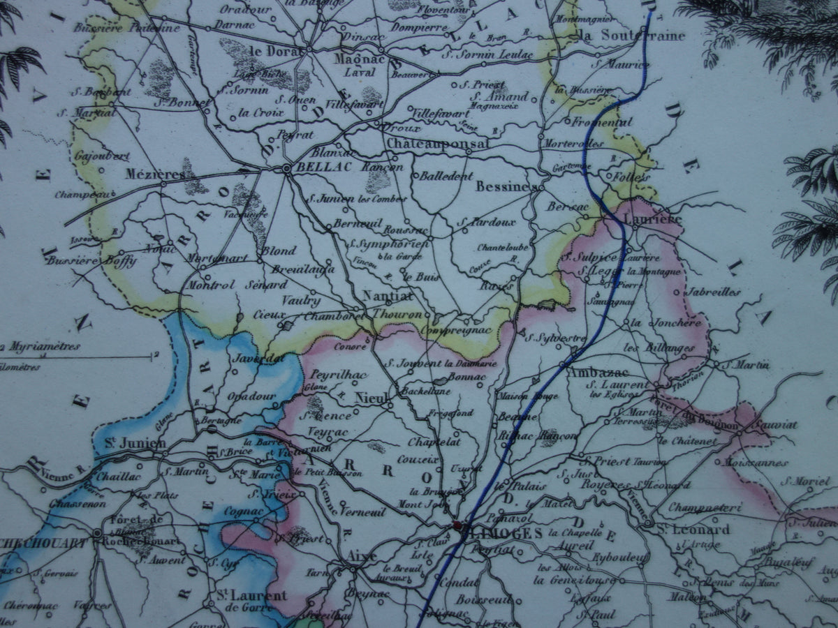 Old map of HAUTE-VIENNE department in France from 1856 original antique hand-colored map Limoges