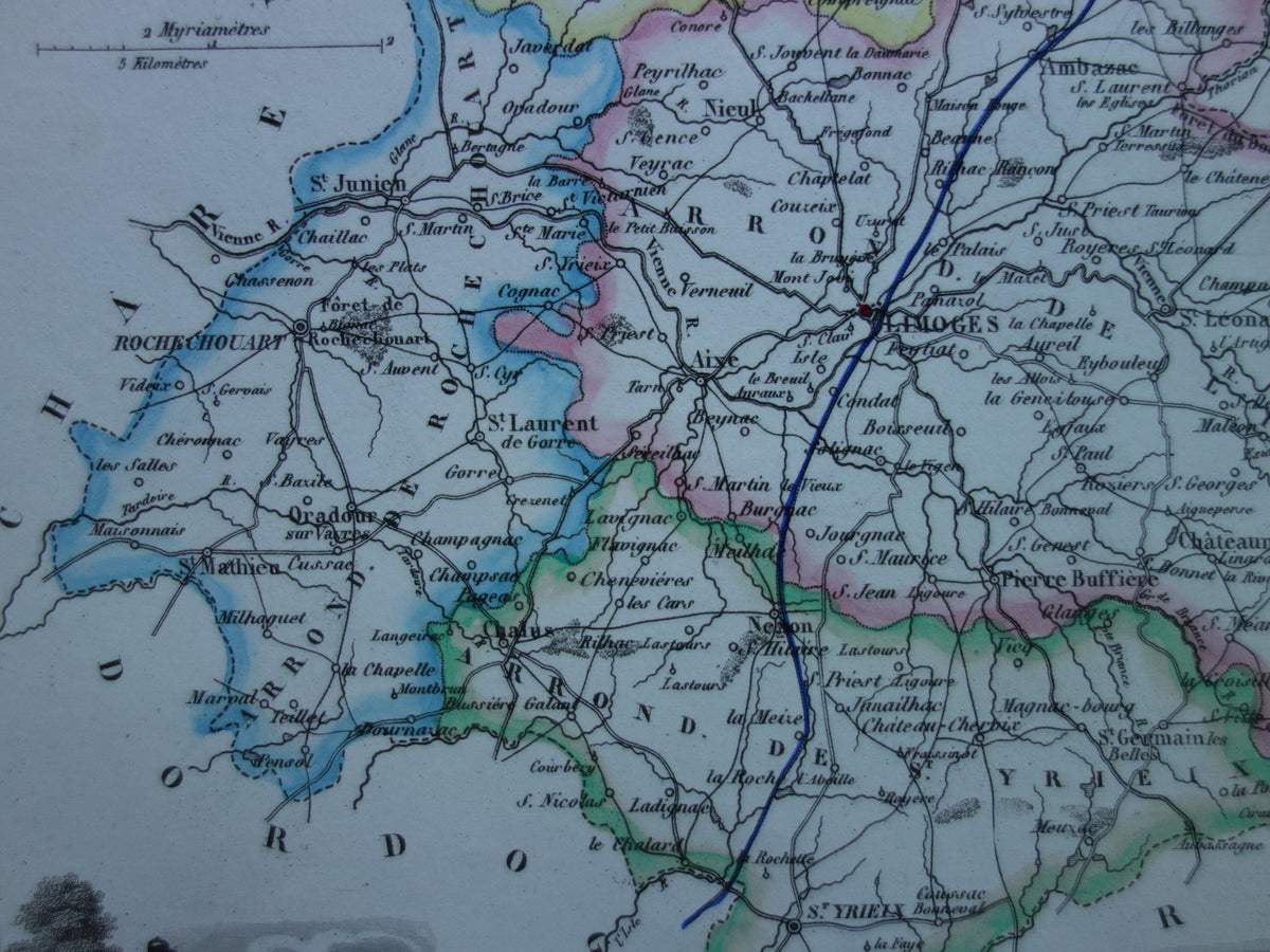 Old map of HAUTE-VIENNE department in France from 1856 original antique hand-colored map Limoges