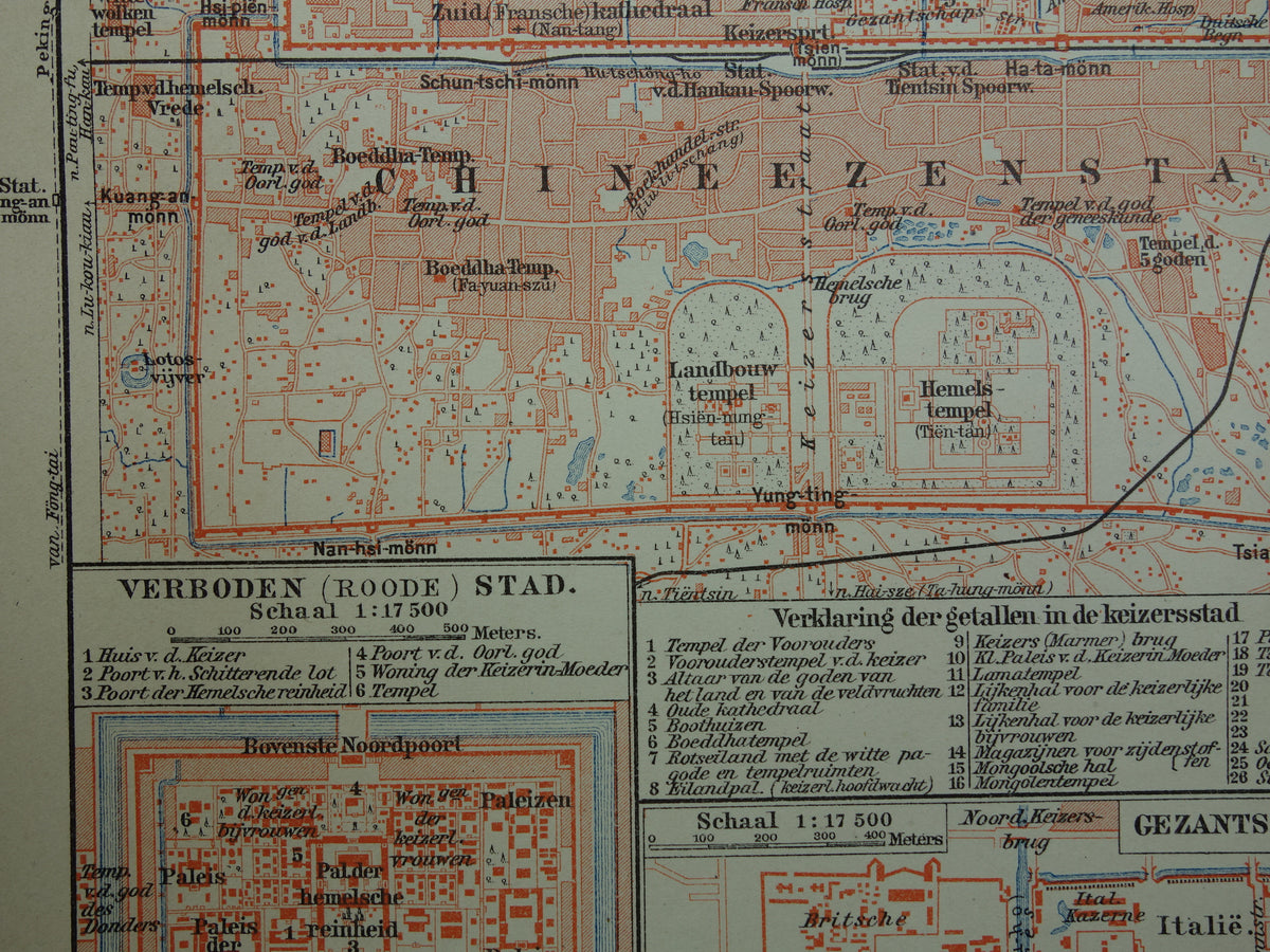 Beijing oude kaart van Peking China 1910 originele antieke Nederlandse kleine plattegrond Verboden Stad