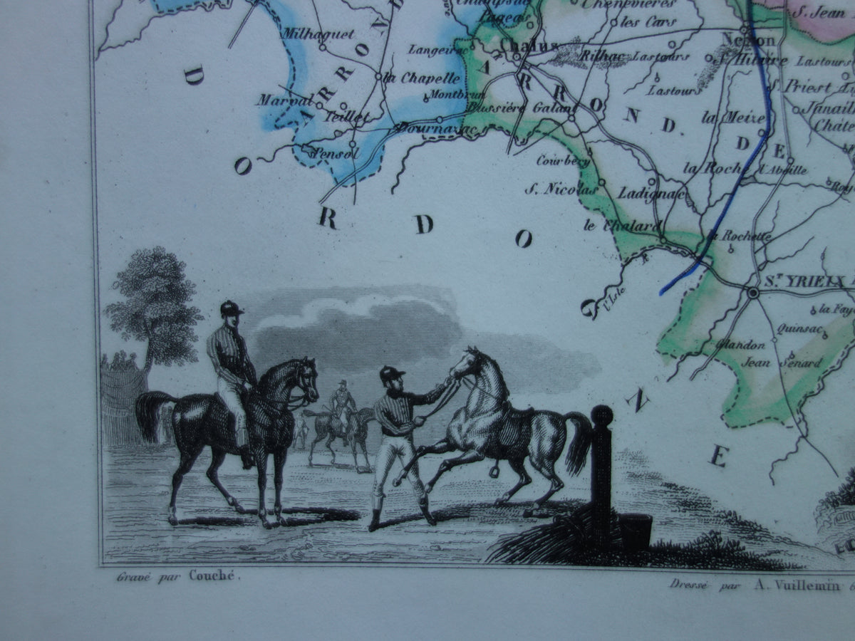 Old map of HAUTE-VIENNE department in France from 1856 original antique hand-colored map Limoges