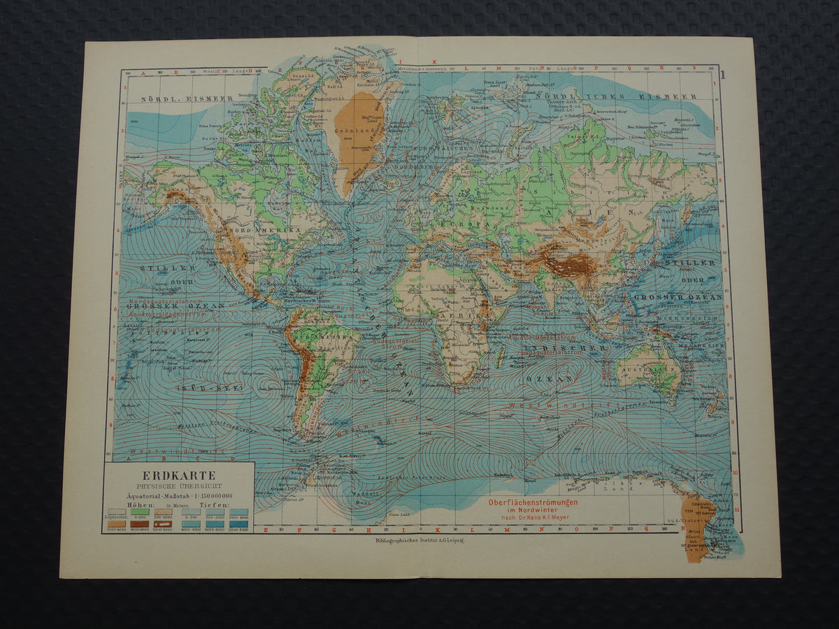 Oude WERELDKAART uit 1931 originele vintage kaart van de wereld - hoogtekaart met zeestromingen