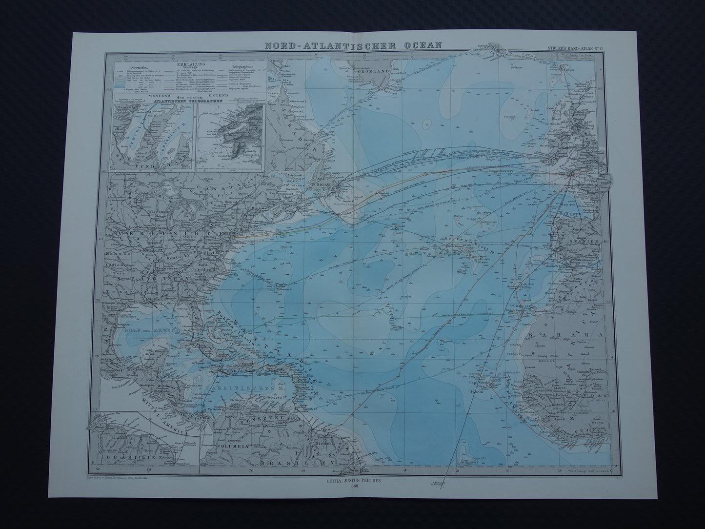 ATLANTIC OCEAN old map of the North Atlantic Ocean 1880 original antique map vintage shipping nautical chart