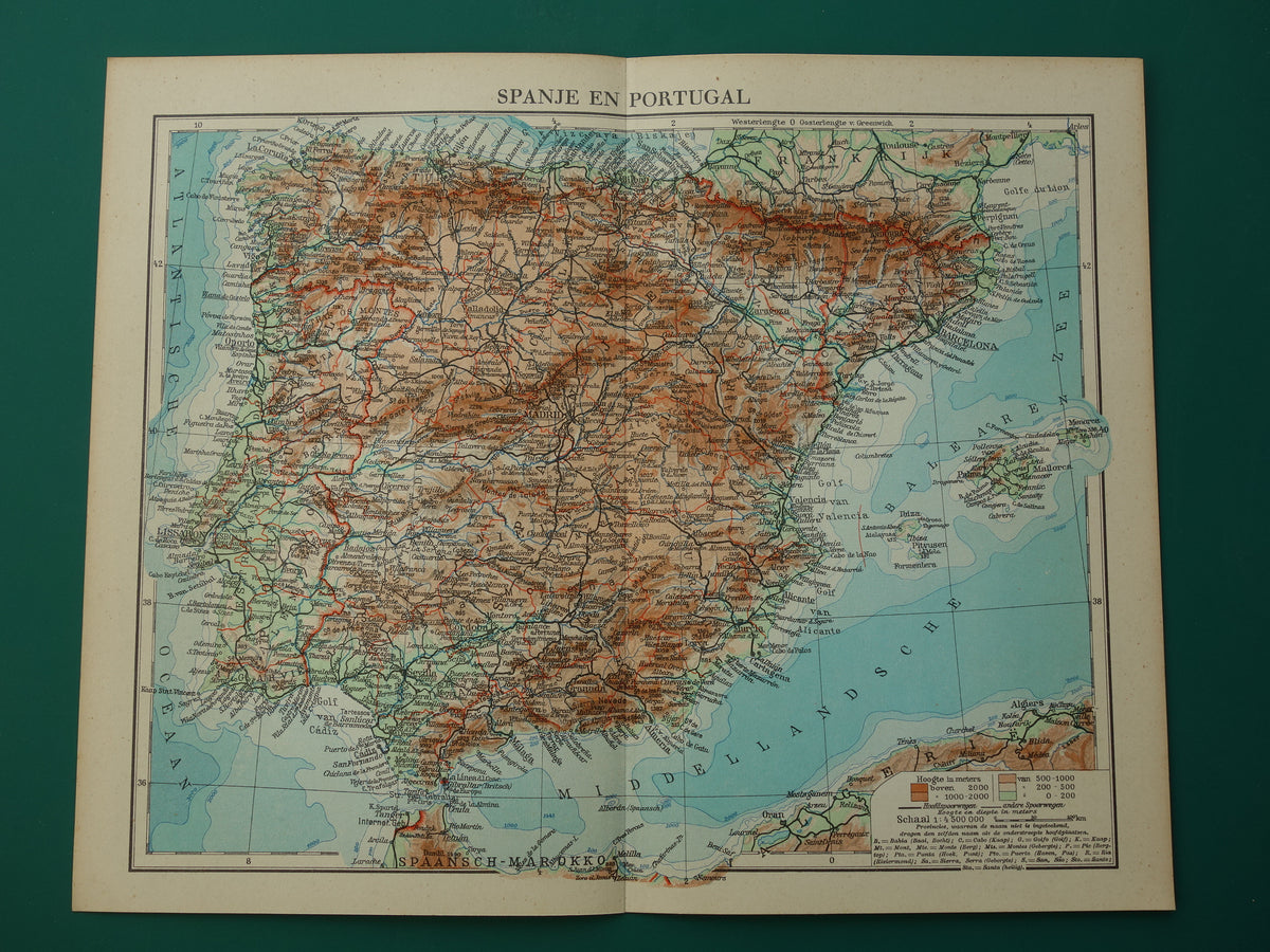 SPANJE Oude kaart uit het jaar 1938 historische Nederlandse landkaart Spanje Portugal vintage kaarten