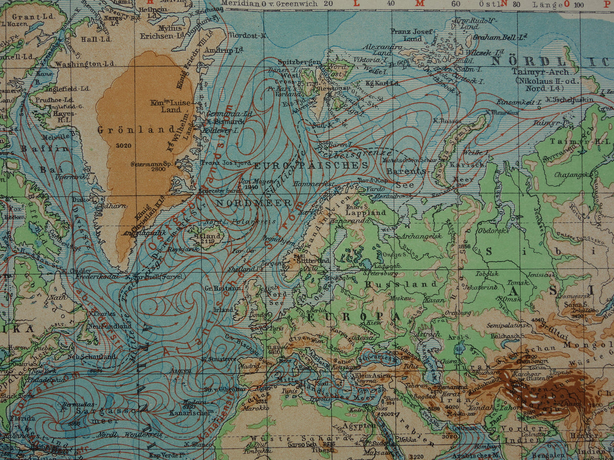 Oude WERELDKAART uit 1931 originele vintage kaart van de wereld - hoogtekaart met zeestromingen