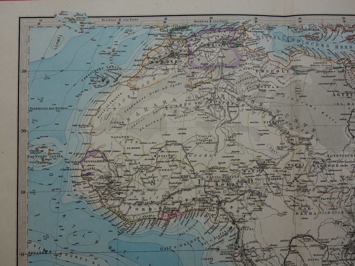 Antieke landkaart van Afrika in 1879 Originele 145+ jaar oude handgekleurde kaart van Afrikaans continent