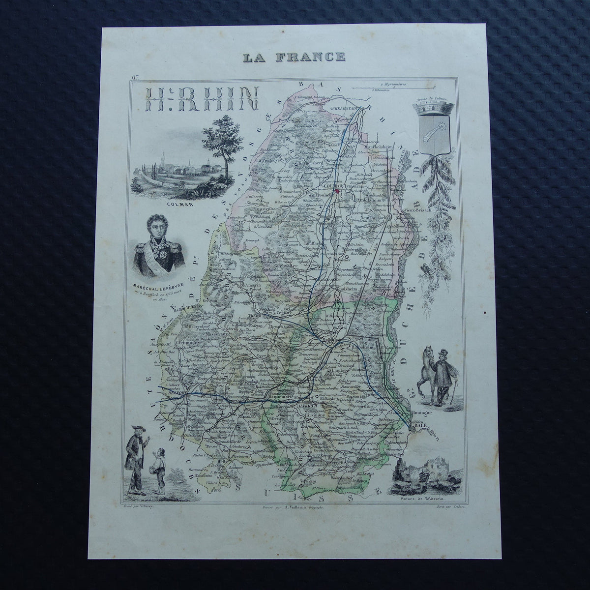Oude kaart van Haut-Rhin departement Frankrijk Elzas uit 1856 originele antieke handgekleurde landkaart Colmar