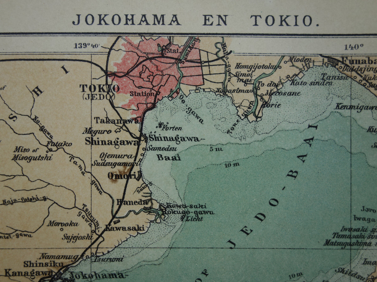 Oude kaart van Tokyo Yokohama Japan originele kleine antieke Nederlandse landkaart baai van Tokio