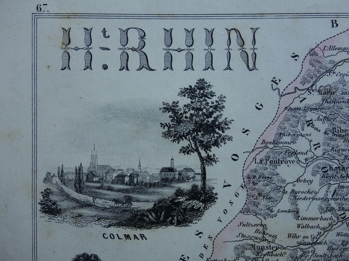Oude kaart van Haut-Rhin departement Frankrijk Elzas uit 1856 originele antieke handgekleurde landkaart Colmar