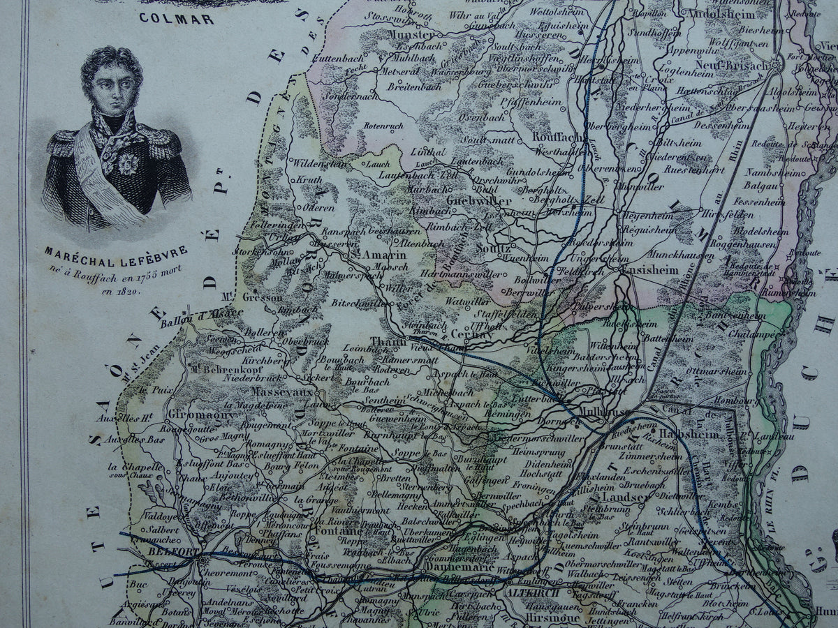 Oude kaart van Haut-Rhin departement Frankrijk Elzas uit 1856 originele antieke handgekleurde landkaart Colmar