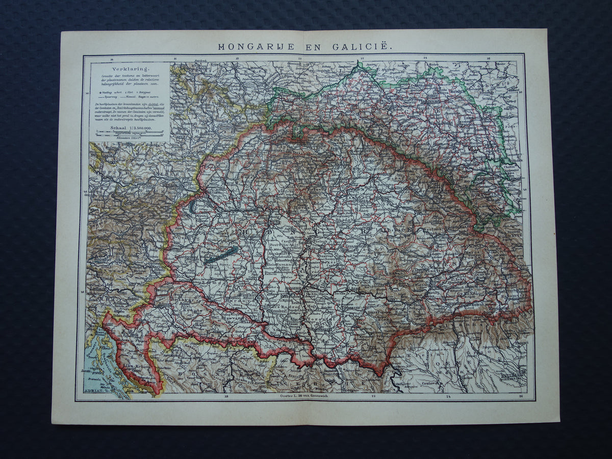 HONGARIJE oude Nederlandse kaart van Hongarije uit 1908 originele antieke landkaart