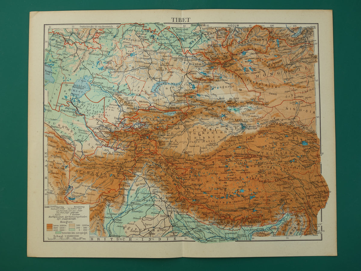 TIBET and XINJIANG Old map from the year 1938 historical Dutch map Tibet and Xinjiang vintage maps