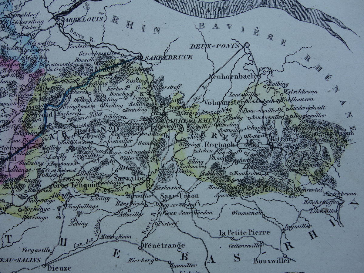 Moselle Old Map of department in France from 1856 original antique hand-colored map Metz
