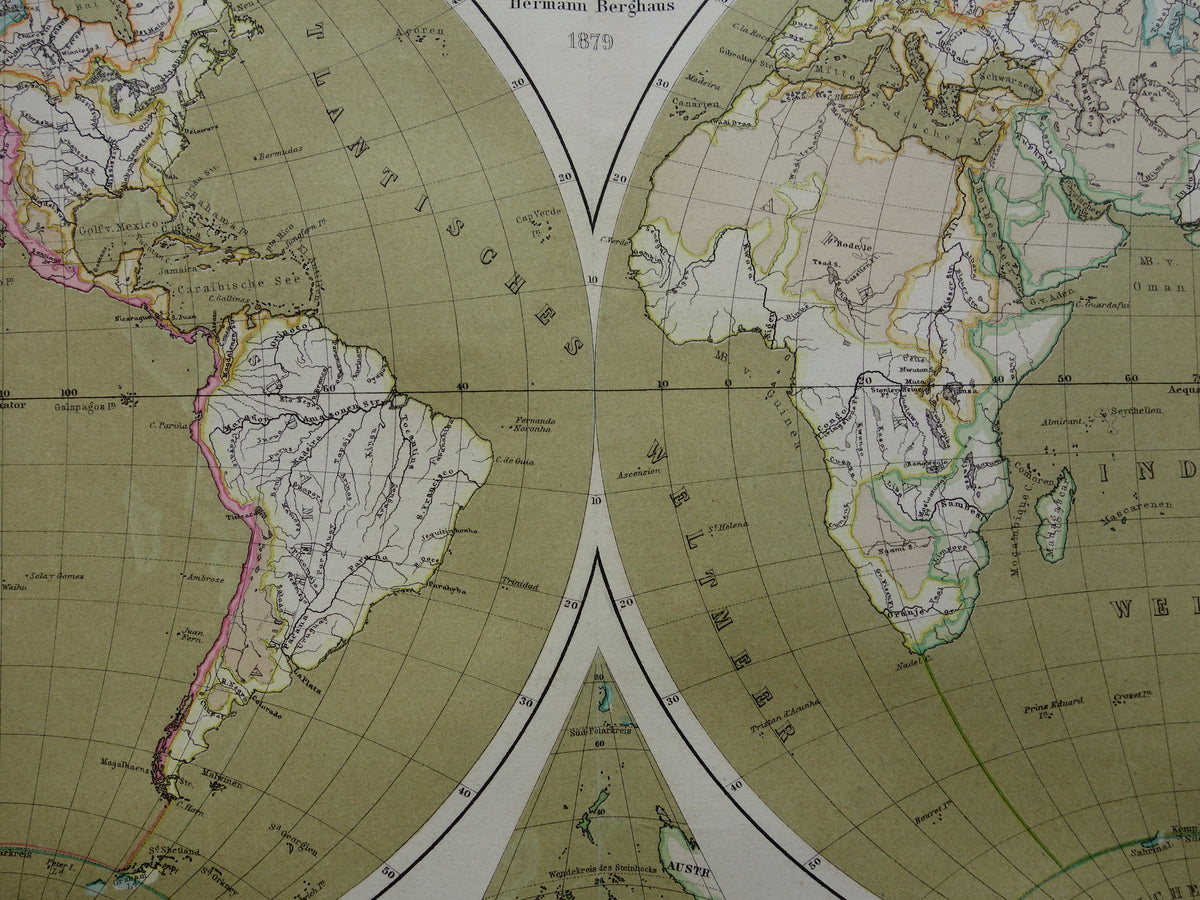 WORLD MAP large old map of the World from 1880 original vintage map largest land mass water mass with date