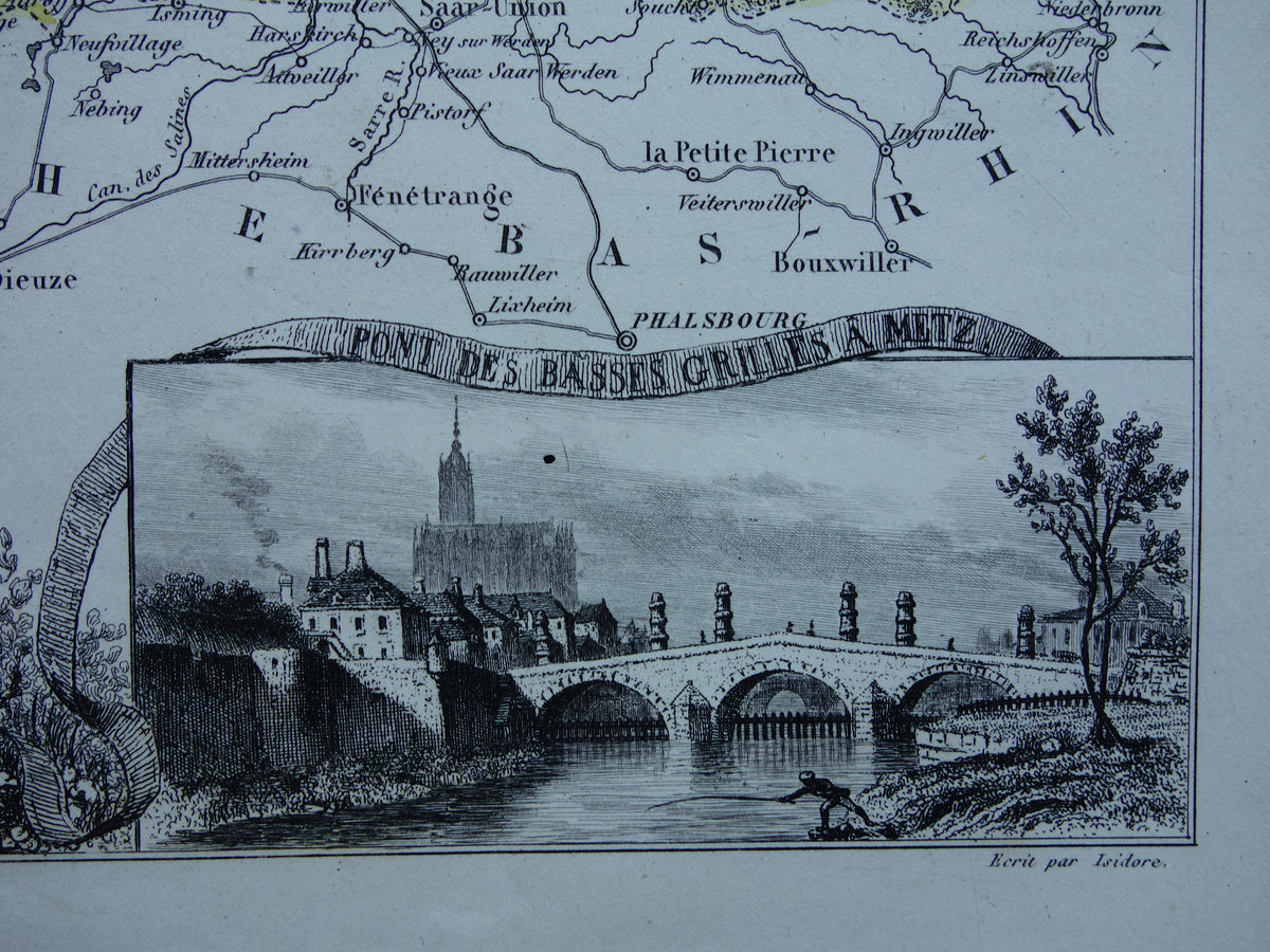 Moselle Old Map of department in France from 1856 original antique hand-colored map Metz