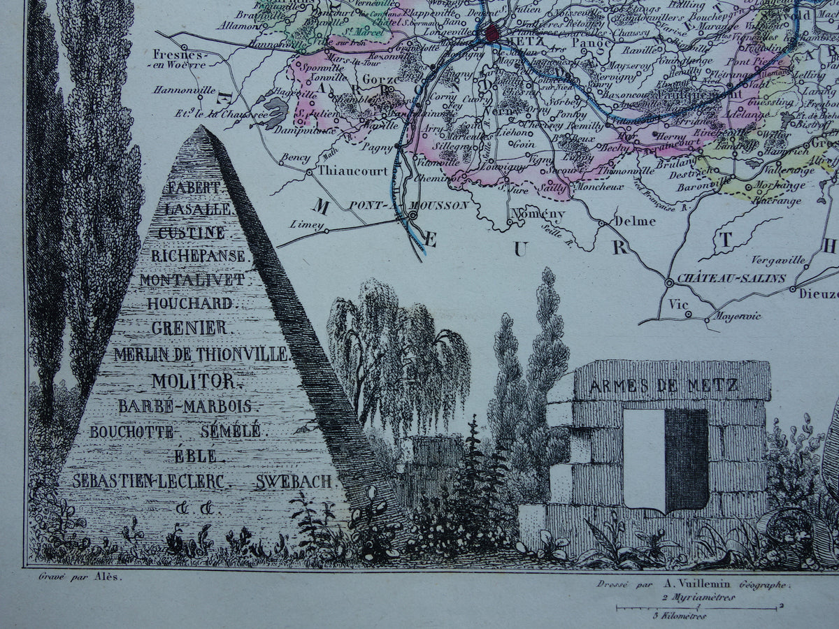 Moselle Old Map of department in France from 1856 original antique hand-colored map Metz