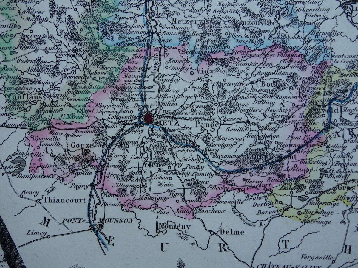 Moselle Old Map of department in France from 1856 original antique hand-colored map Metz