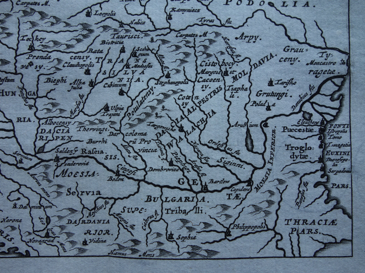 Oude kaart van Polen Roemenië Dacië Moesë in de oudheid 1661 originele antieke landkaart klein formaat Moesiae et Daciae Cluver