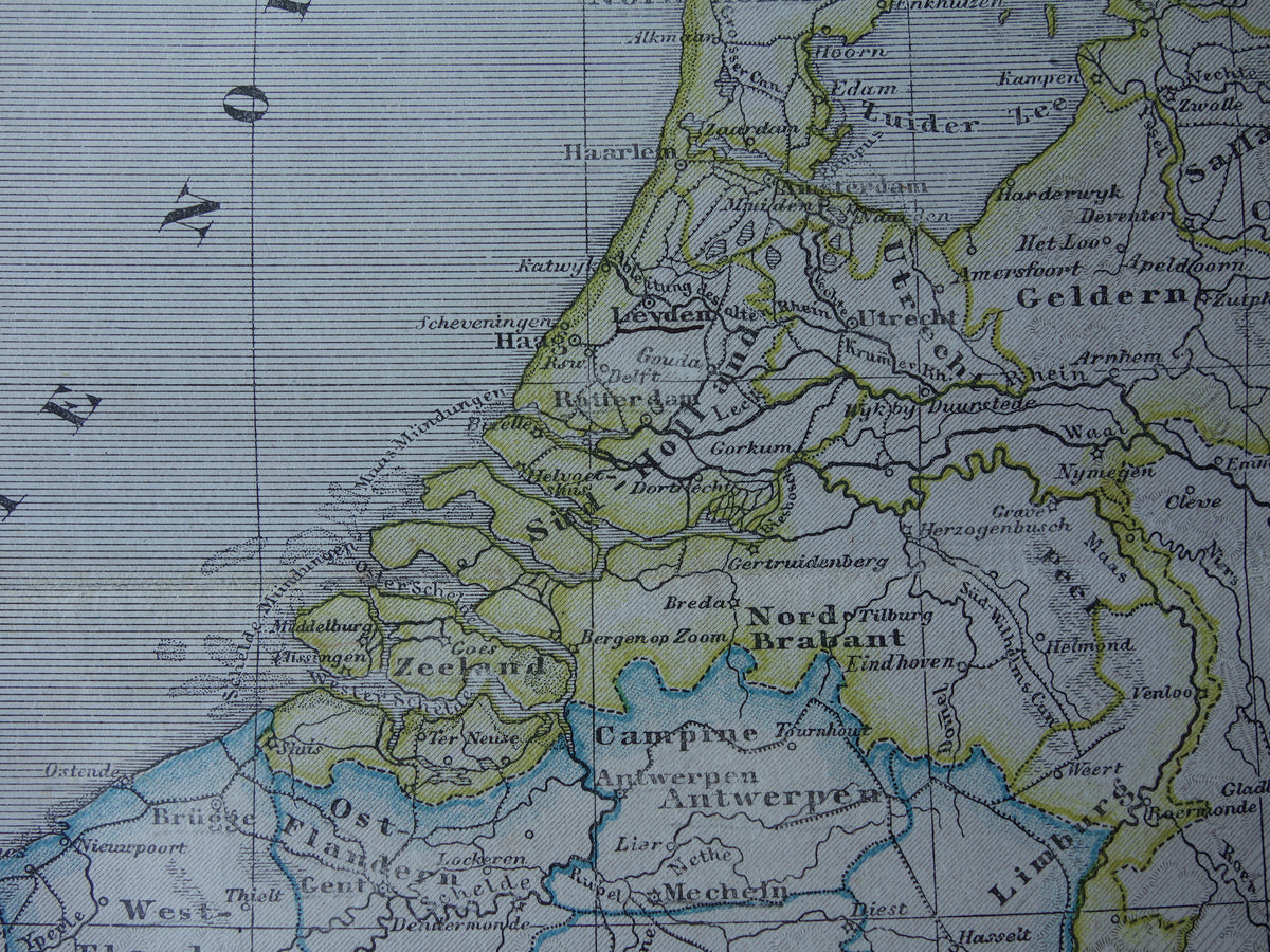 Old map of NETHERLANDS and BELGIUM from 1869 Antique German map Benelux vintage print
