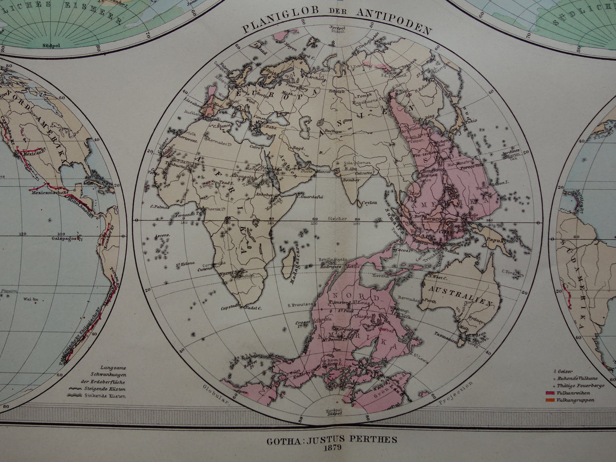 Wereldkaart oude Duitse hoogtekaart uit 1879 Originele antieke landkaart met jaartal