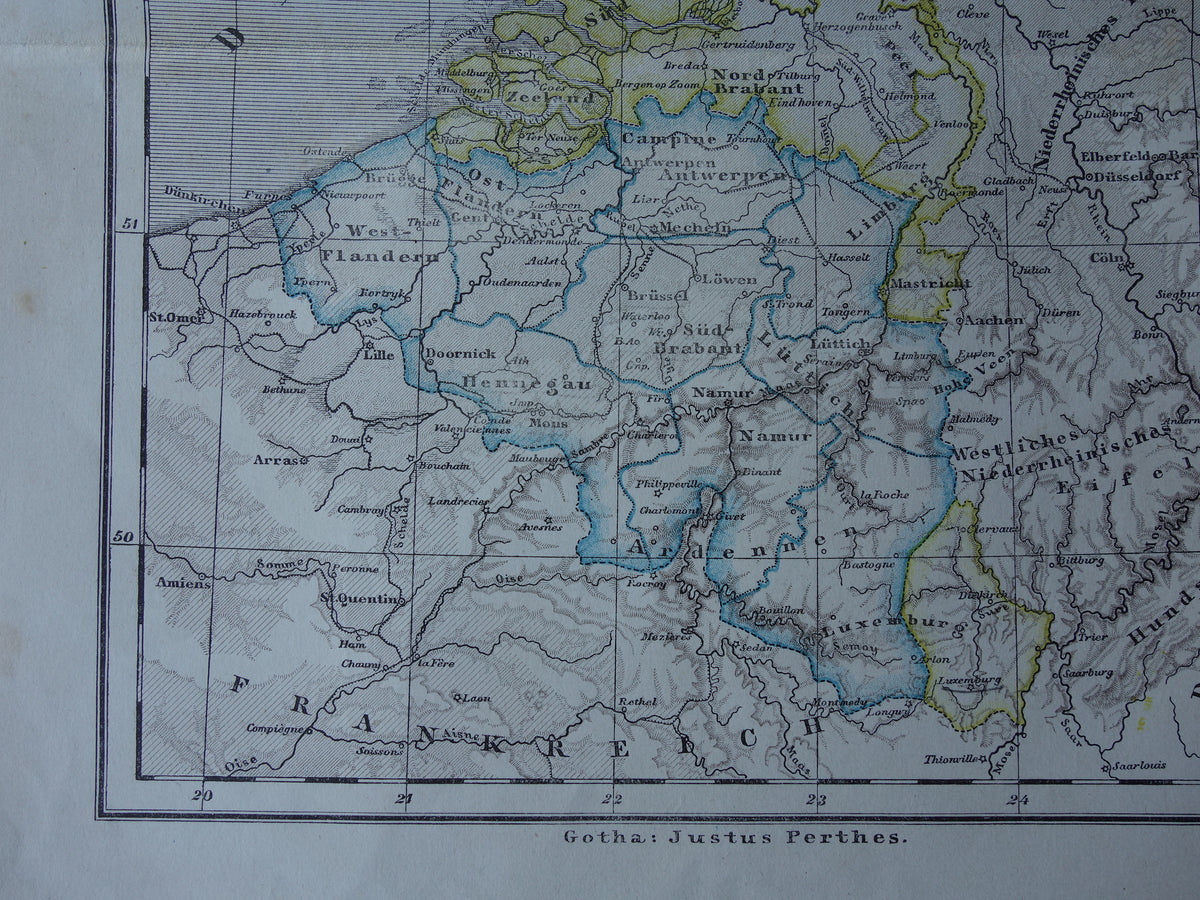 Old map of NETHERLANDS and BELGIUM from 1869 Antique German map Benelux vintage print