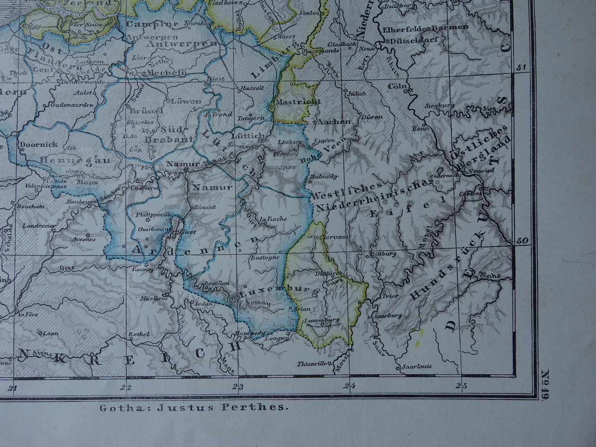 Old map of NETHERLANDS and BELGIUM from 1869 Antique German map Benelux vintage print