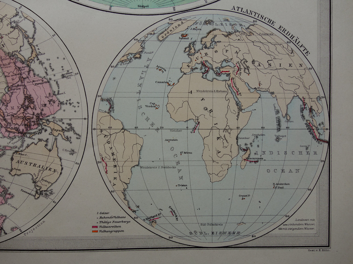 World map old German elevation map from 1879 Original antique map with date
