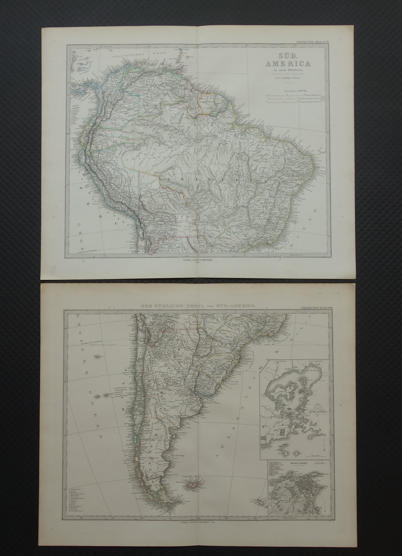 Old map of South America in 1876 Original antique hand-colored map with date