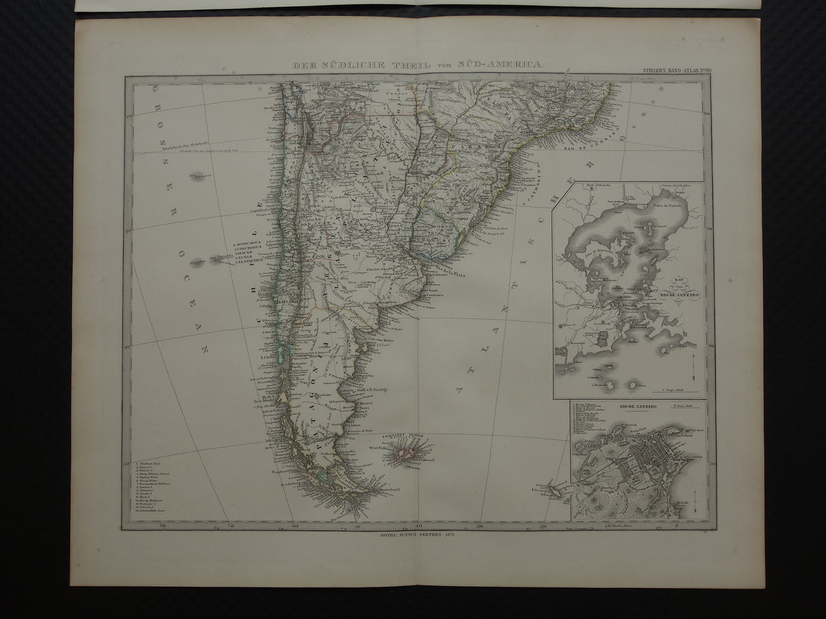 Old map of South America in 1876 Original antique hand-colored map with date