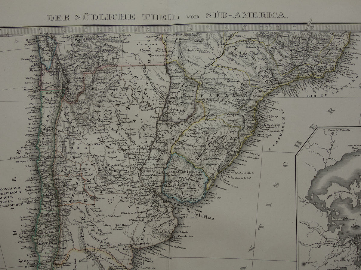 Old map of South America in 1876 Original antique hand-colored map with date