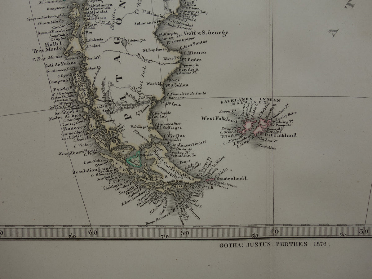 Old map of South America in 1876 Original antique hand-colored map with date