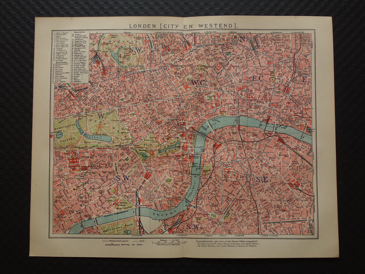 LONDEN oude plattegrond uit 1919 originele Nederlandse antieke kaart van centrum Londen City Westend