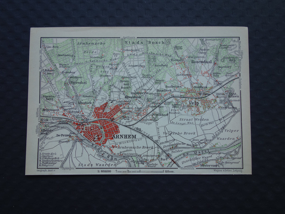 ARNHEM 1904 kleine antieke landkaart / plattegrond van Arnhem en omgeving originele oude kaart Velp Rozendaal