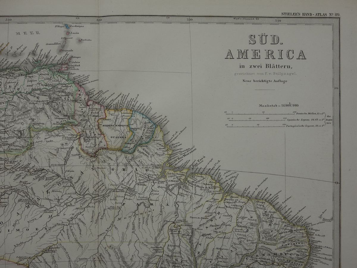 Old map of South America in 1876 Original antique hand-colored map with date