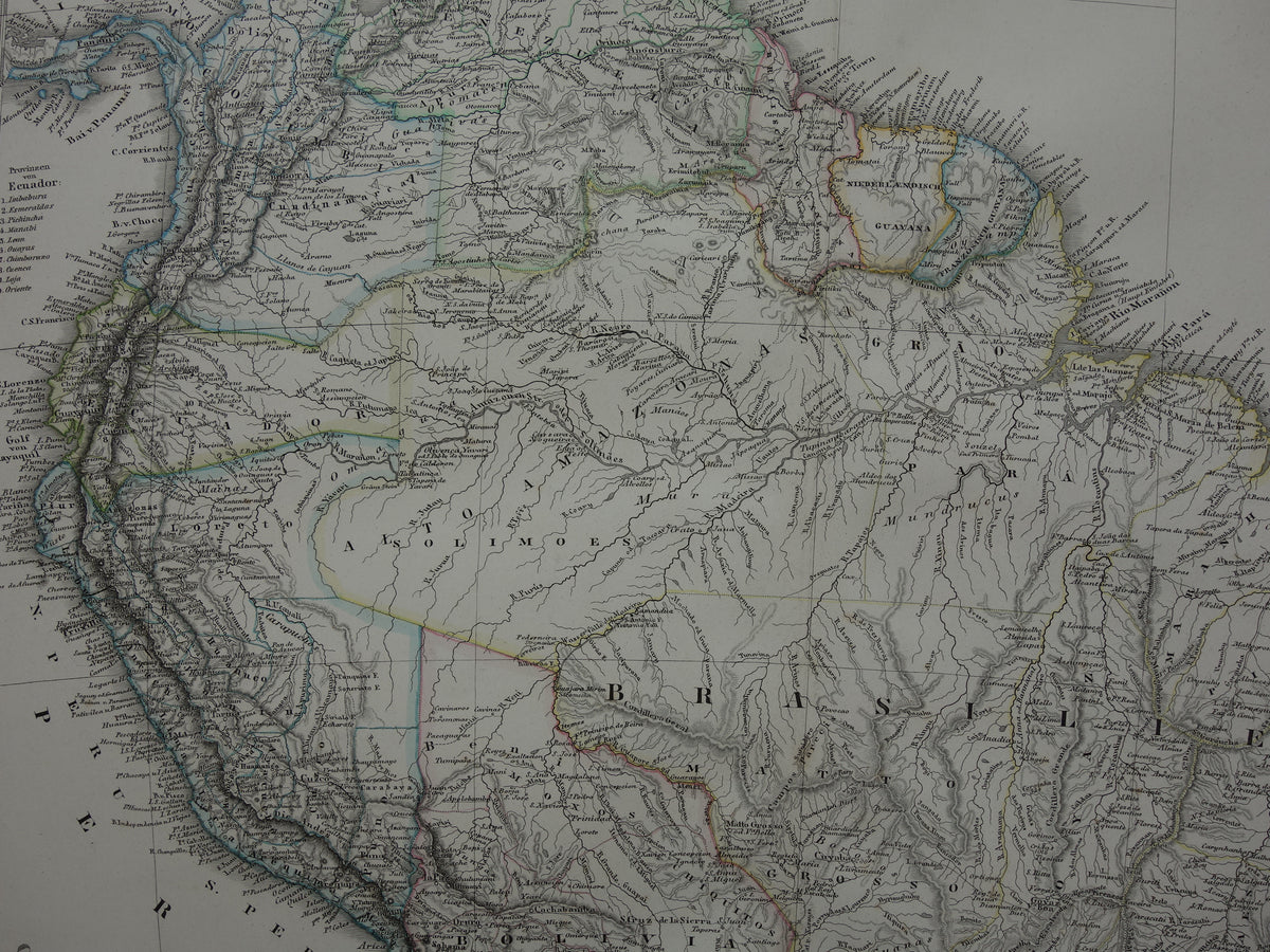 Old map of South America in 1876 Original antique hand-colored map with date