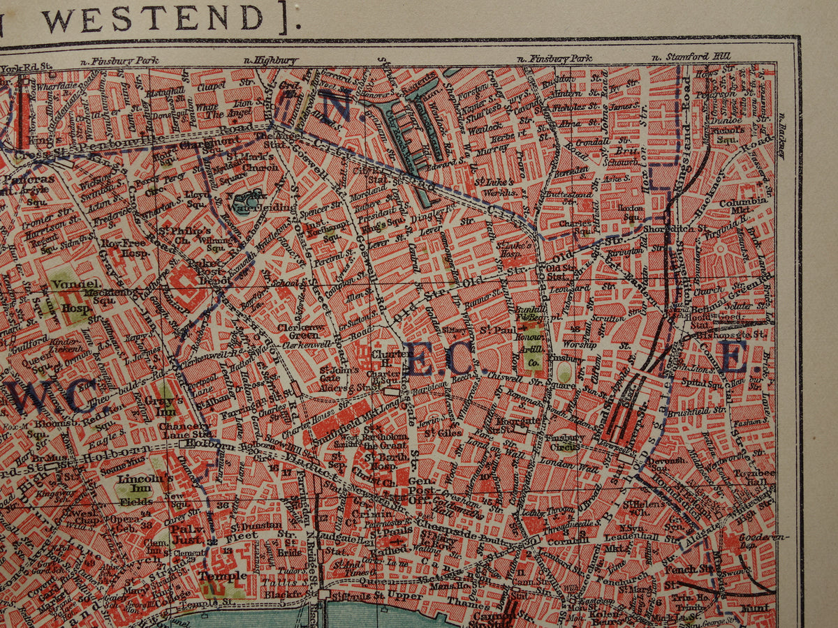 LONDEN oude plattegrond uit 1919 originele Nederlandse antieke kaart van centrum Londen City Westend