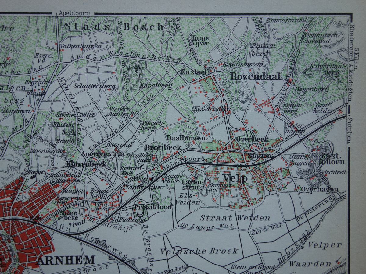ARNHEM 1904 kleine antieke landkaart / plattegrond van Arnhem en omgeving originele oude kaart Velp Rozendaal