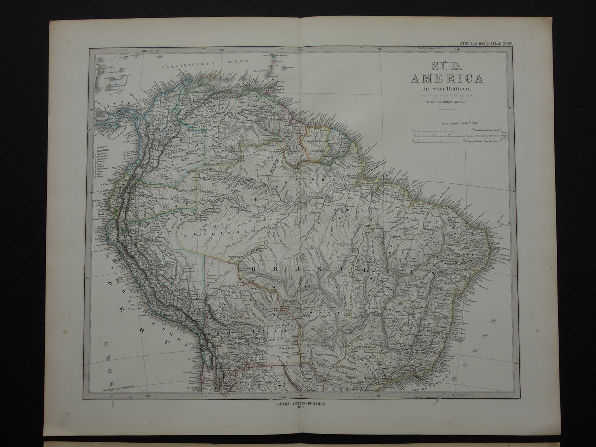 Old map of South America in 1876 Original antique hand-colored map with date