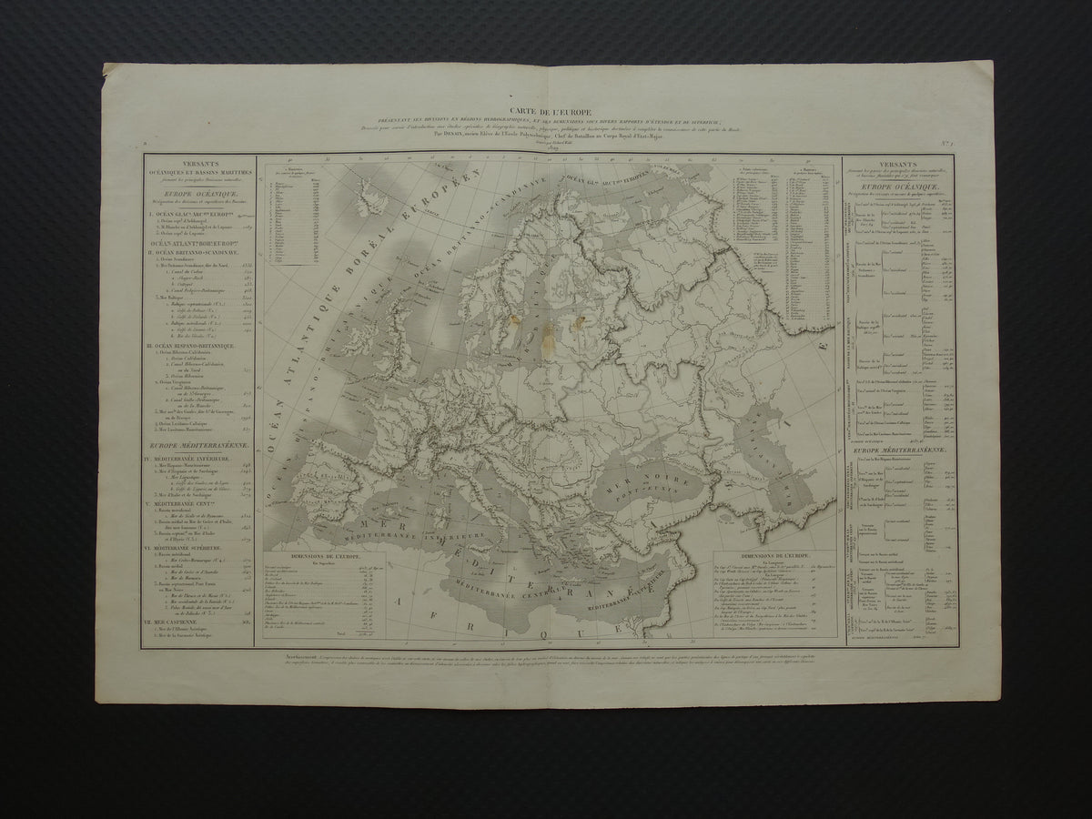 EUROPA antieke hydrografische kaart van Europa uit 1830