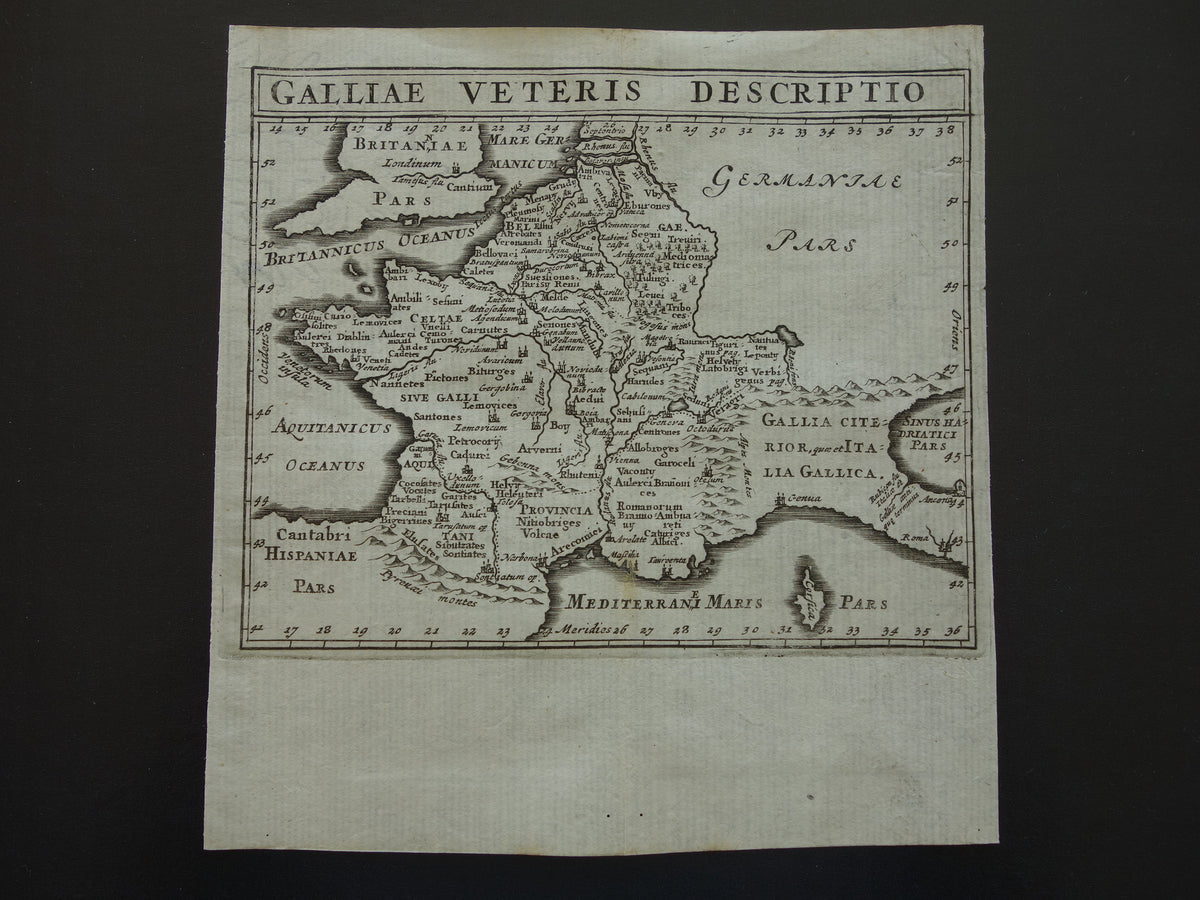 Old small historical map of France Belgium in classical antiquity 1661 original antique map Gaul Limes