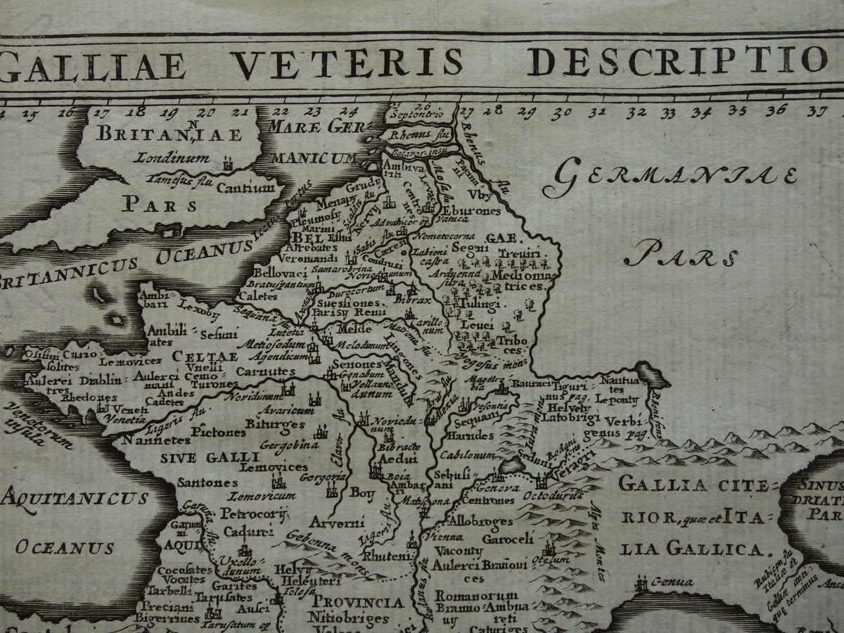 Oude kleine historische landkaart van Frankrijk België in klassieke oudheid 1661 originele antieke kaart Gallië Limes