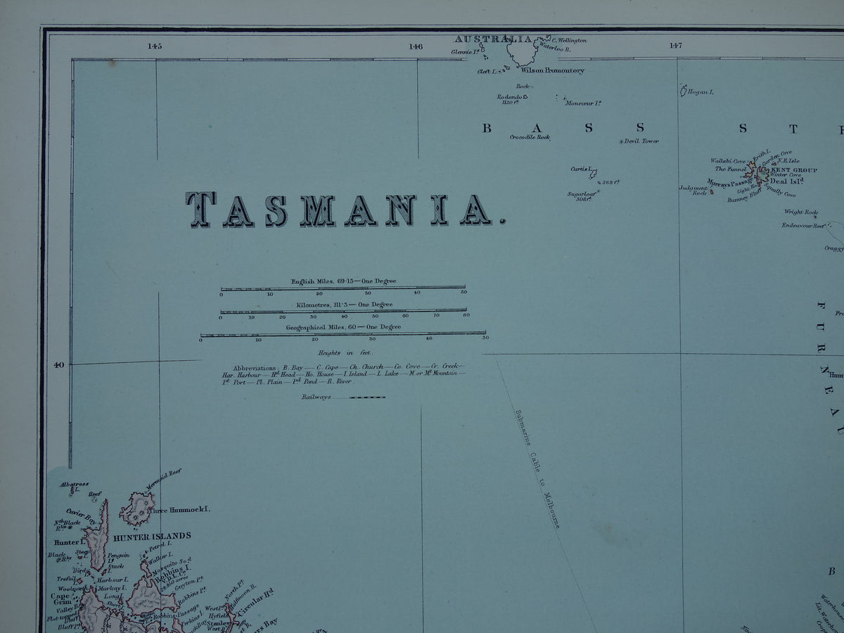 Oude kaart van Tasmanië en Nieuw-Guinea originele antieke Engelse landkaart