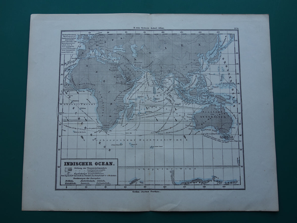 Antique map of the Indian Ocean Original 150+ year old antique German map nautical chart