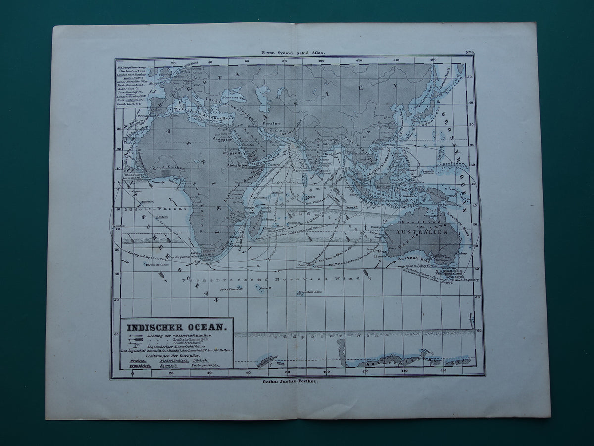 Antique map of the Indian Ocean Original 150+ year old antique German map nautical chart
