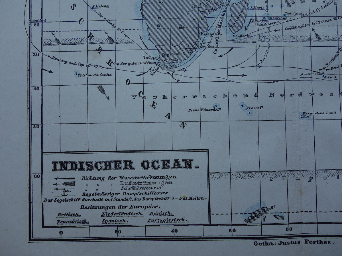 Antique map of the Indian Ocean Original 150+ year old antique German map nautical chart
