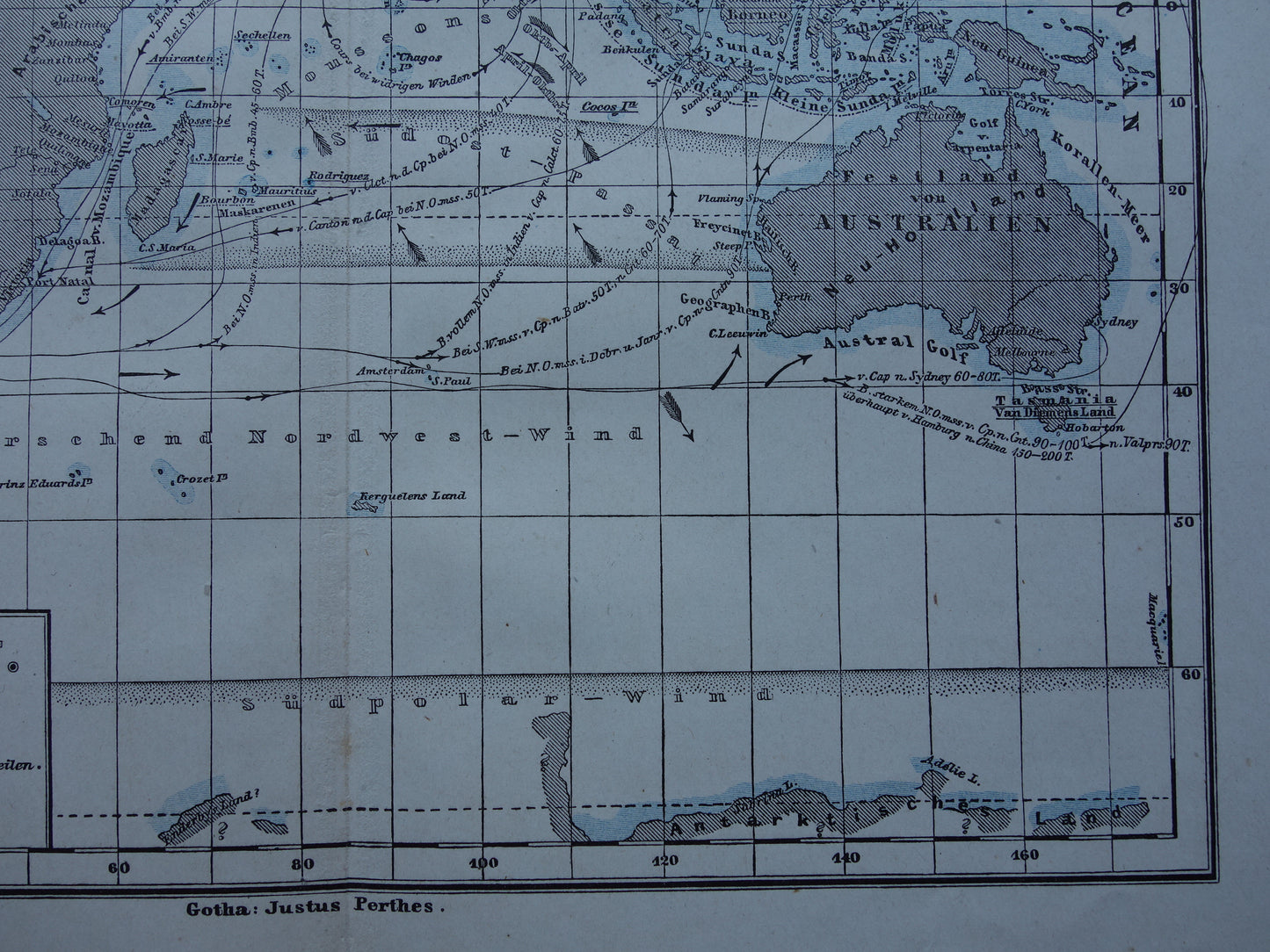 Antique map of the Indian Ocean Original 150+ year old antique German map nautical chart