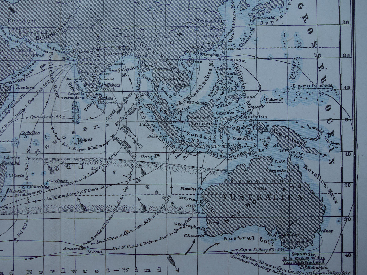 Antique map of the Indian Ocean Original 150+ year old antique German map nautical chart