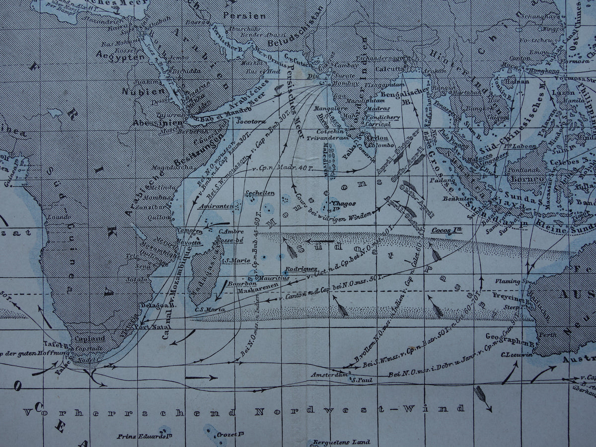 Antique map of the Indian Ocean Original 150+ year old antique German map nautical chart