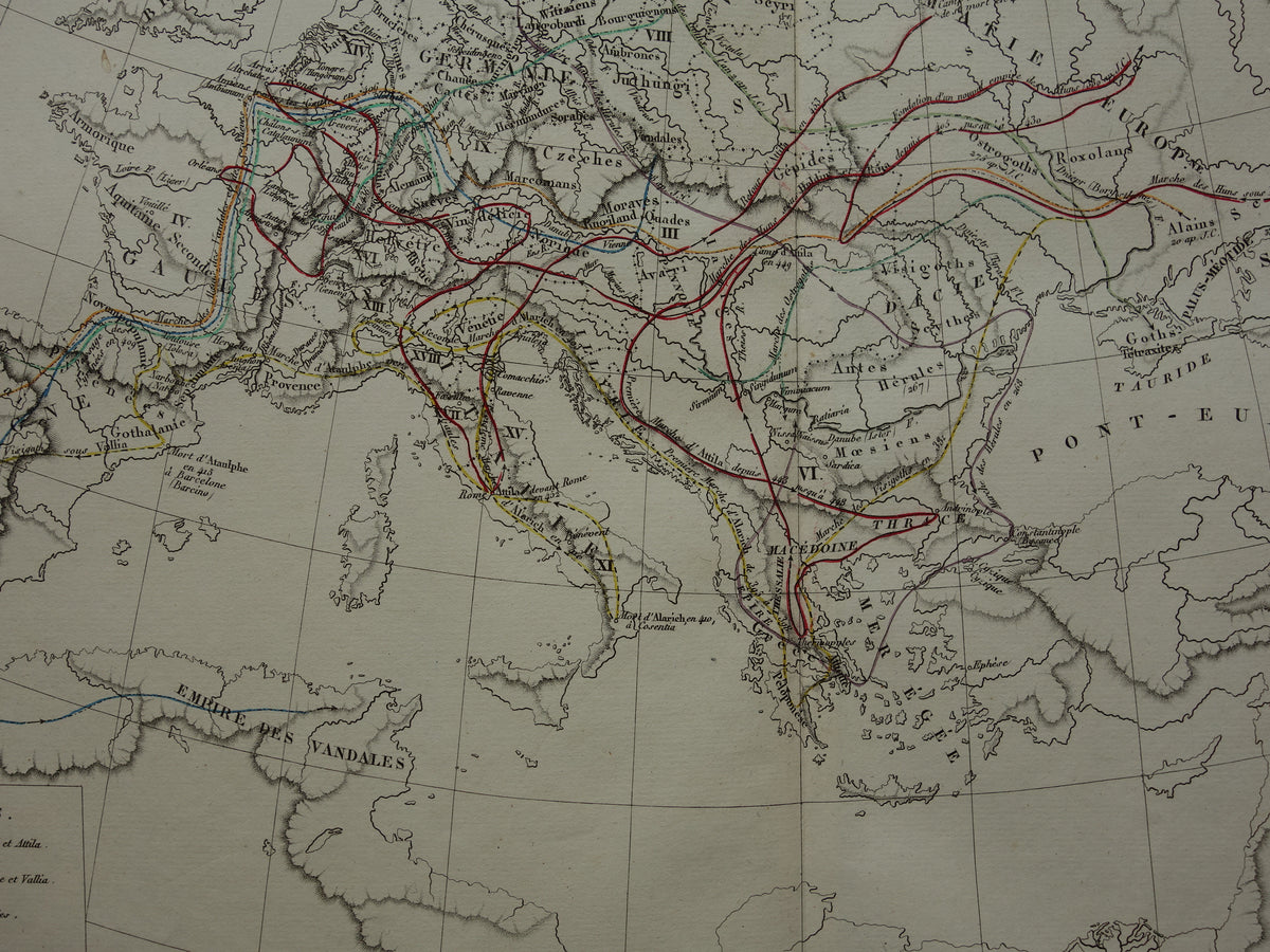 Oude kaart van Europa Grote Volksverhuizing originele antieke landkaart uit 1830 geschiedeniskaart